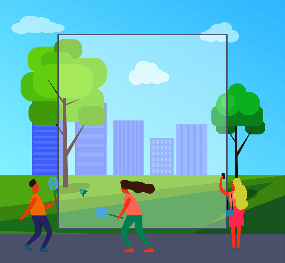 Big filling form and people playing badminton and taking pictures of city with its buildings, trees and lawns represented on vector illustration. Big Filling Form and People Vector Illustration