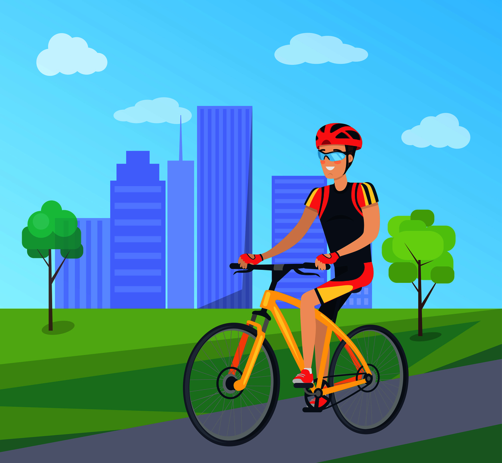 Man dressed in cycling clothing including helmet and glasses riding orange bicycle in rural area vector illustration on background of skyscrapers. Man in Cycling Clothing on Bicycle Illustration