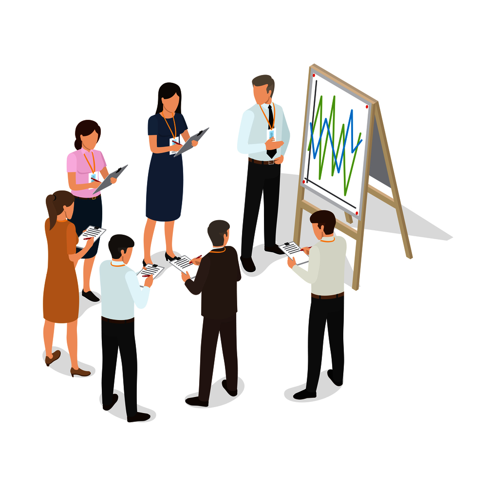 Business people with tablet standing in circle and writing on paper. Managing standing near poster with schedule, speech reports and humans looking at him. Vector illustration in cartoon style.. Business People with Tablet Write Changes on Paper