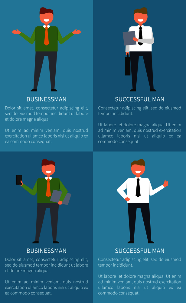 Businessman and successful man holding folders or books in hands on set of posters. Background of vector illustration is blue with text. Successful Businessman Set of Colorful Posters