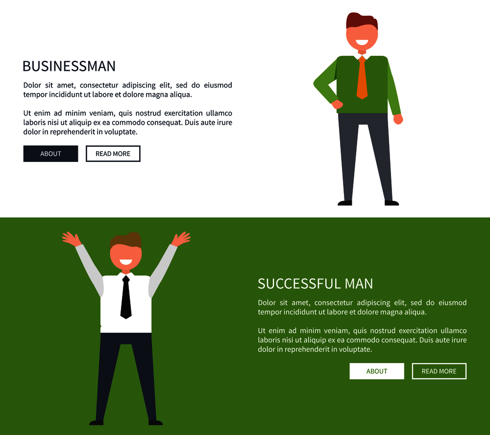 Businessman and successful man collection of posters with text on white and green background. Isolated vector illustration of happy adult males posing. Businessman and Successful Man Set of Posters