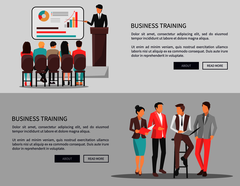 Business training web posters set people discussing important issues, man sitting on chair holding papers, colleagues listen vector with blackboard. Business People Disscussing on Vector Illustration