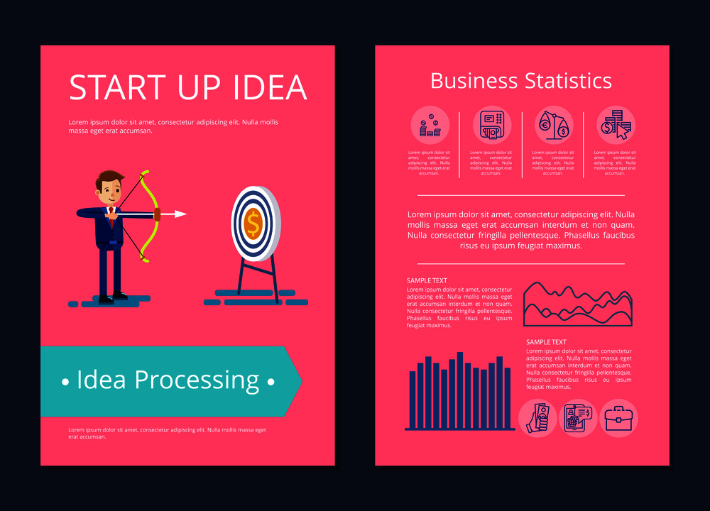 Start up idea and processing, businessman shooting with bow in target which is money, text and icons with charts vector illustration. Start Up Idea and Processing Vector Illustration