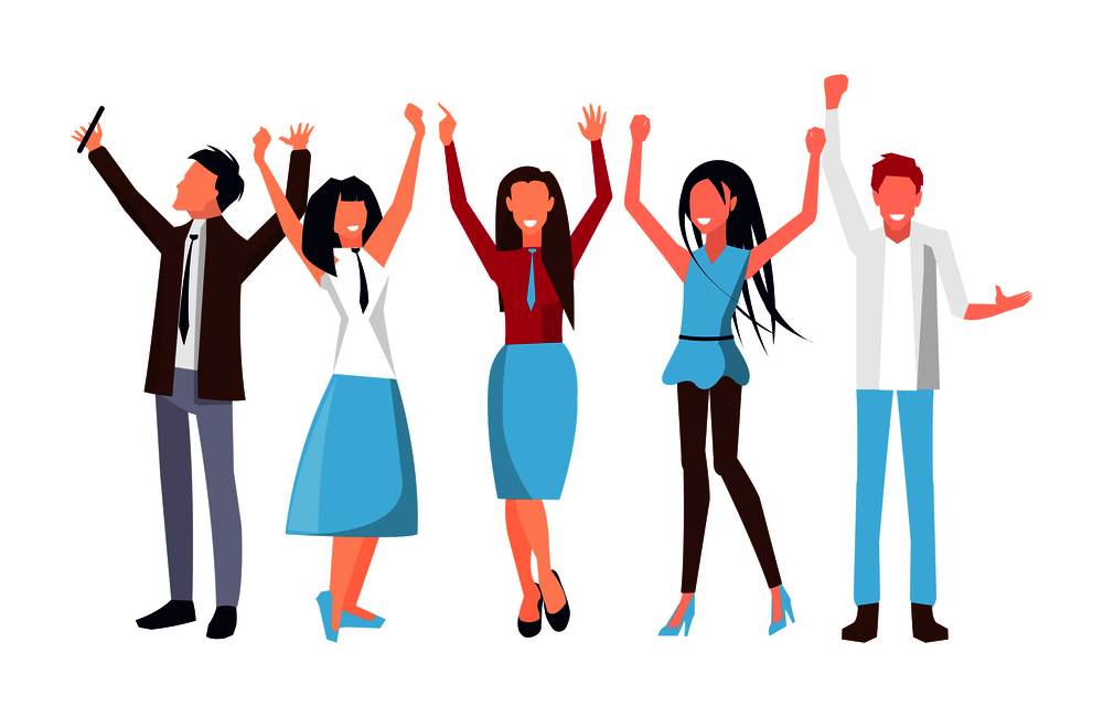 People raising their hands while man dressed in brown jacket taking photo of his colleagues, represented on vector illustration isolated on white. People Raising Their Hands on Vector Illustration
