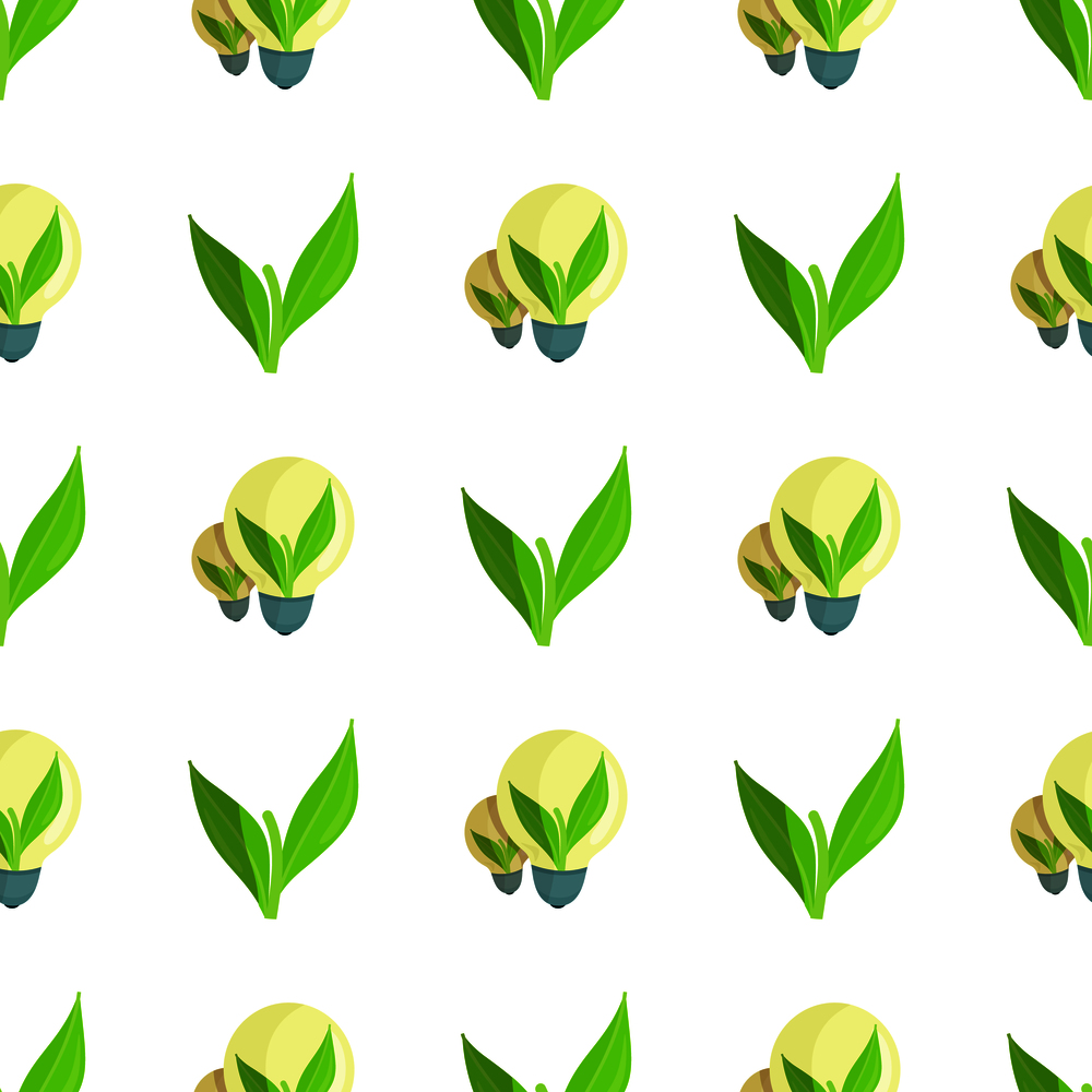 Seamless pattern with green plant and light bulbs containing leaves inside. Wallpaper design with alternative sources of energy on white. Seamless Pattern with Green Plant and Light Bulbs