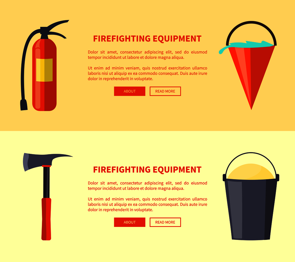 Firefighting equipment vector illustartion in flat design fire extinguisher, bucket full of water, sharp axe, bucket with sand and red-colored elements. Set of Special Isolated Fire Protection Equipment