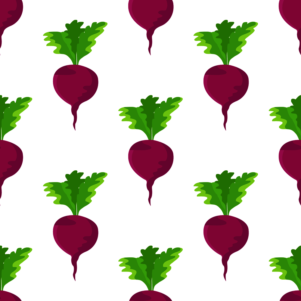 Garden beet or purple radish plant with green leaves seamless pattern. Wallpaper or wrapping paper with vector illustration of violet vegetable in flat cartoon design, healthy nutritious organic food. Garden Radish Purple Plant Seamless Pattern Vector