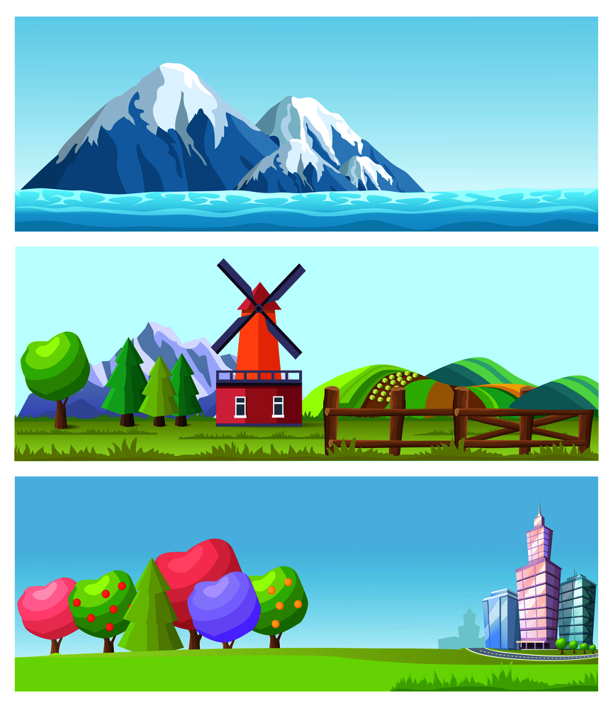 Beautiful cartoon landscapes set. Snow-covered mountain peaks in sea flat vector. Windmill on rural farm in mountains concept. Skyscrapers opposite fairy garden with colorful trees illustration. Beautiful Cartoon Flat Vector Landscapes Set