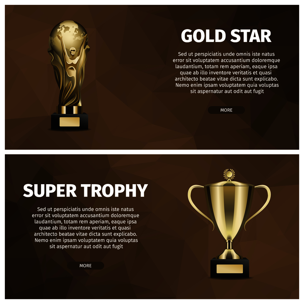 Super trophy and gold star vector horizontal web banners. Shiny goblet and star statuette realistic illustrations on polygonal background. Super Trophy and Gold Star Vector Web Banners