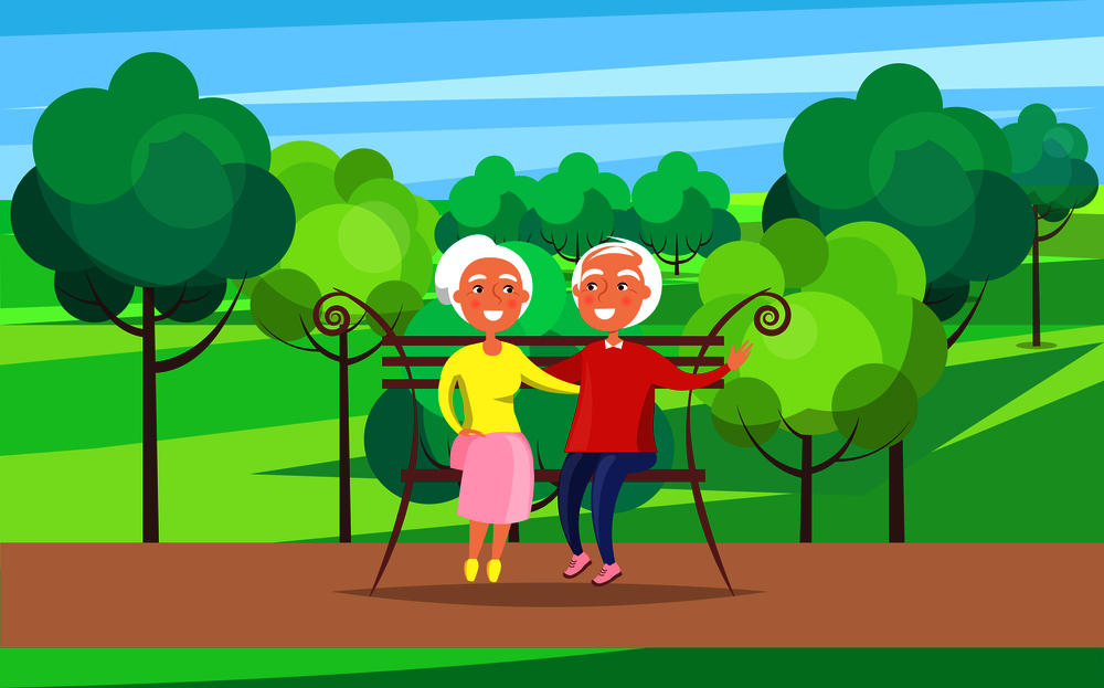 Middle-aged couple sitting on bench together, old husband and wife on background of green trees in park vector illustration in cartoon style. Happy Grandparents Day Senior Couple on Bench