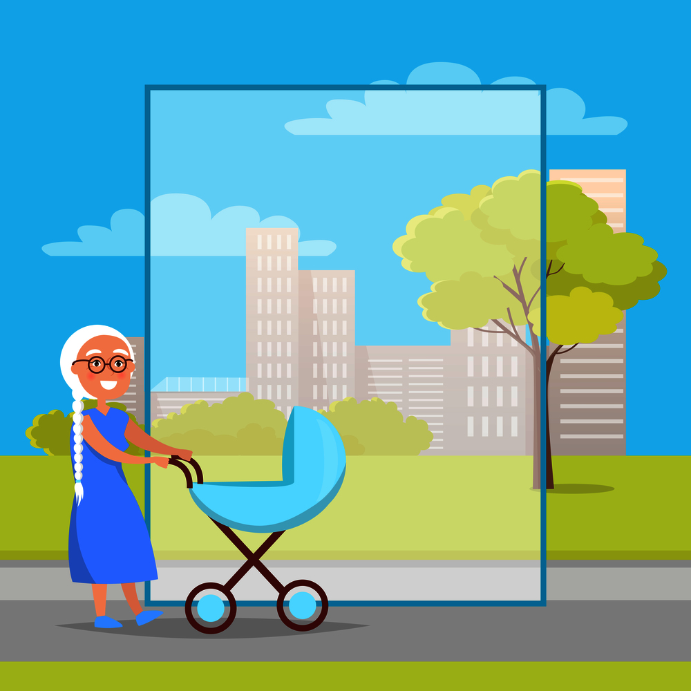 Senior lady with trolley pram walking in city park taking care about newborn child boy on background of skyscrapers in park vector with frame for text.. Senior Lady with Trolley Pram Walking in City Park