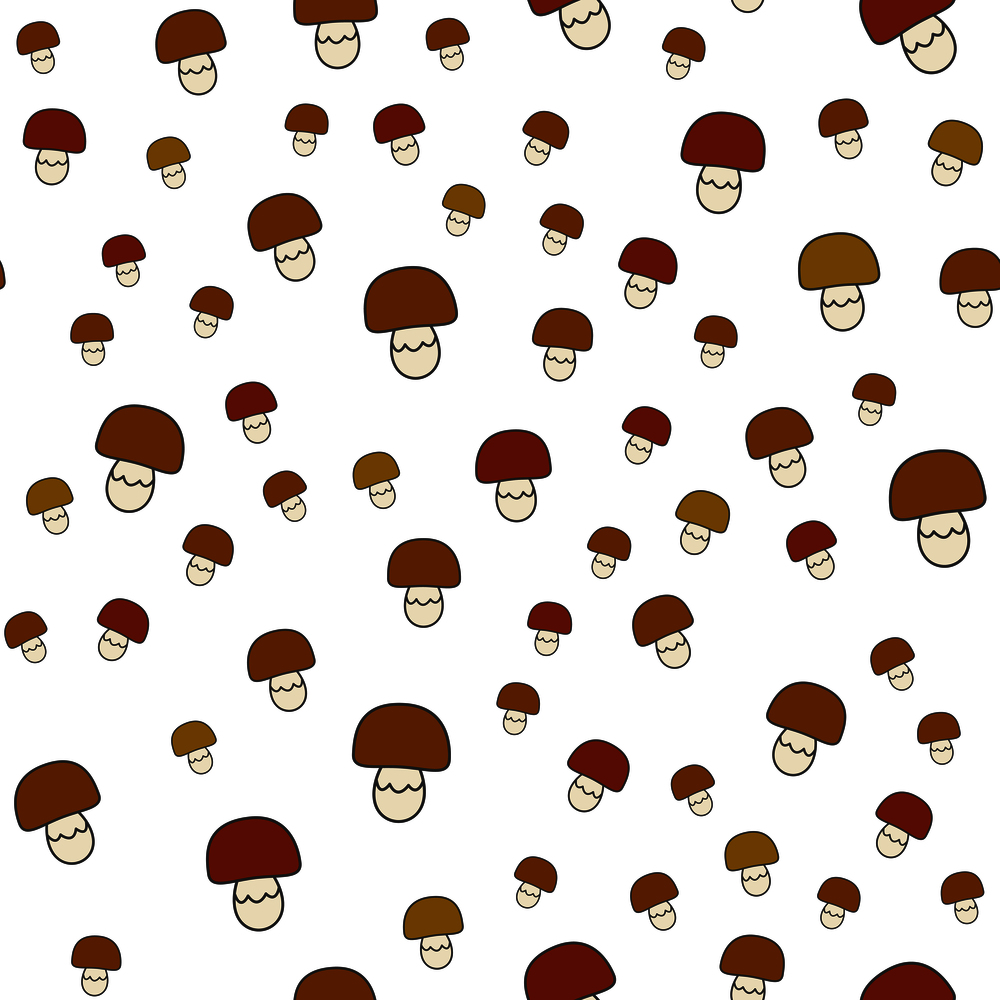 Mushrooms seamless pattern. Different sizes edible mushrooms with brown hat flat vector isolated on white background. Ripe cep cartoon illustration for wrapping paper, prints on fabric, greeting cards. Mushrooms Flat Vector Seamless Pattern on White