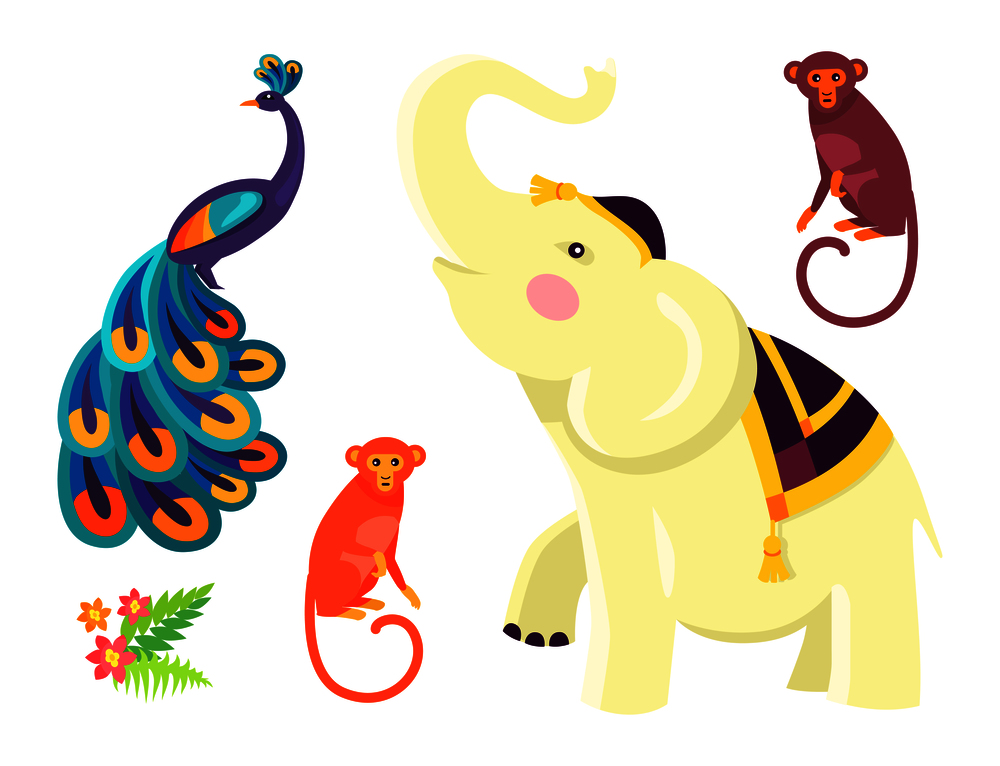 National symbols of India including peacock with its colourful feathers, elephant, monkeys and lotus isolated vector illustration on white background. Symbols of India Isolated Vector Illustration