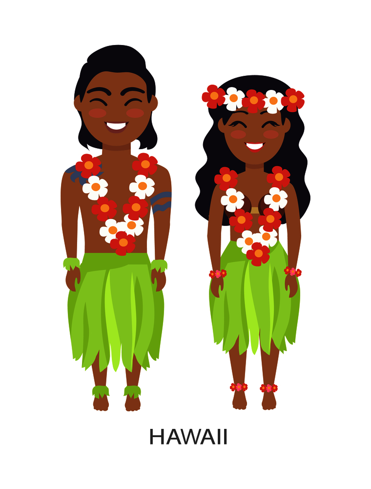 Hawaii male and female image, dressed in flowers and lei, leaves and coconut shell, represented on vector illustration isolated on white. Hawaii Male and Female Image Vector Illustration