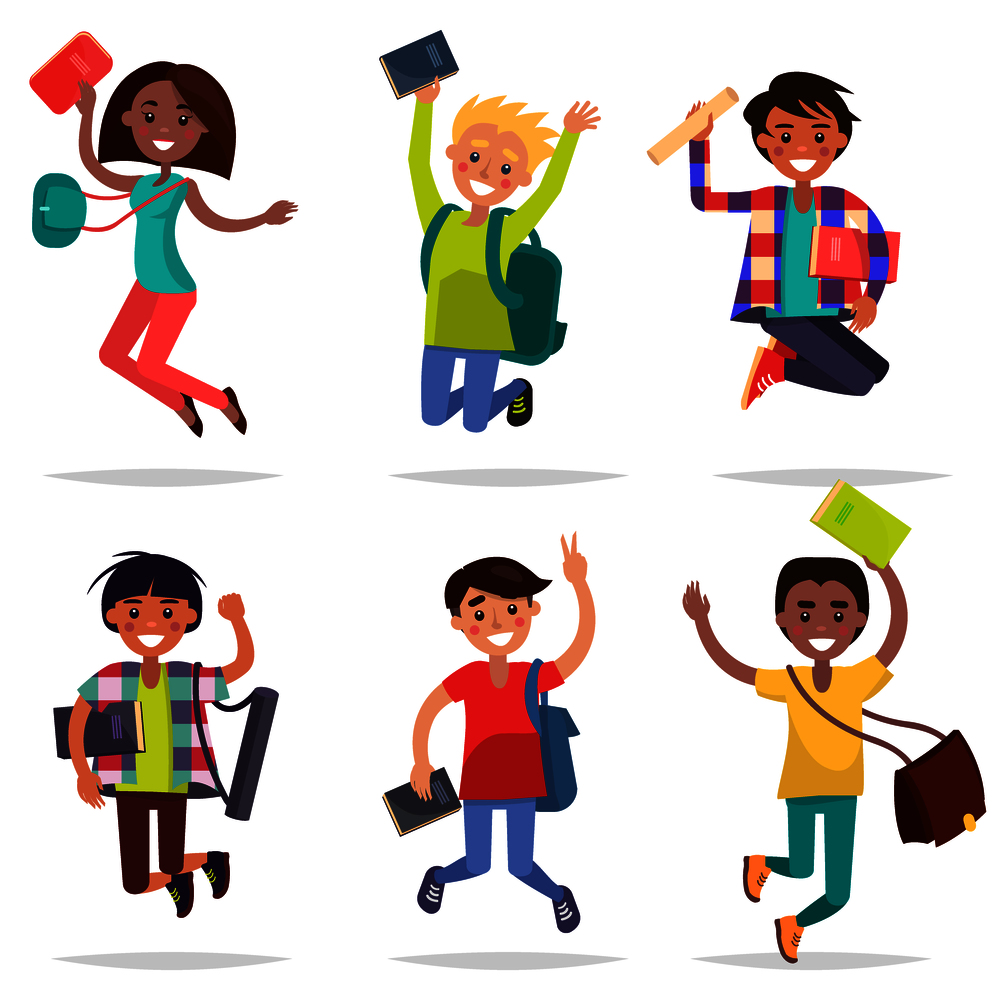 Excited Pupils Girls and Boys Jumping flat design on white background with shadow. Teenagers hovering in air with school bags and holding textbooks in one hand. Vector illustration of bouncing people.. Excited Pupils Girls and Boys Jumping Flat Design