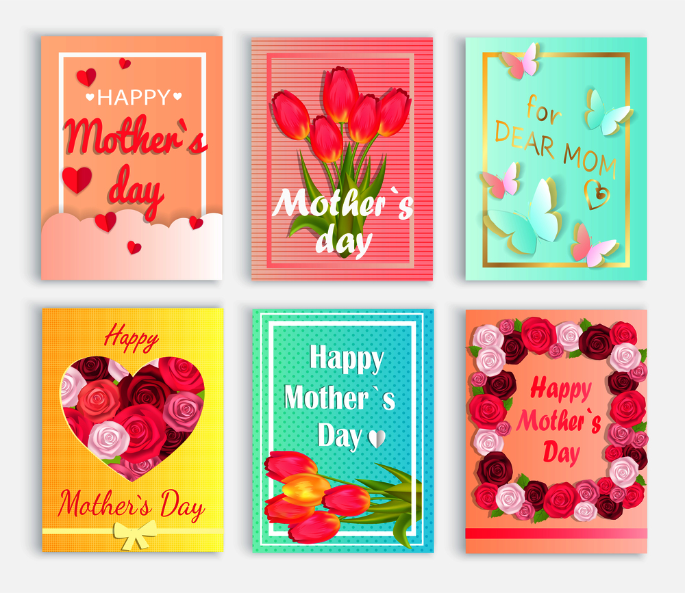 Six cute postcards with red hearts, multiplicity roses and tulips, hovering butterflies for Mom s day vector illustration. Six Cute Cards with Hearts, Flowers for Mom s Day