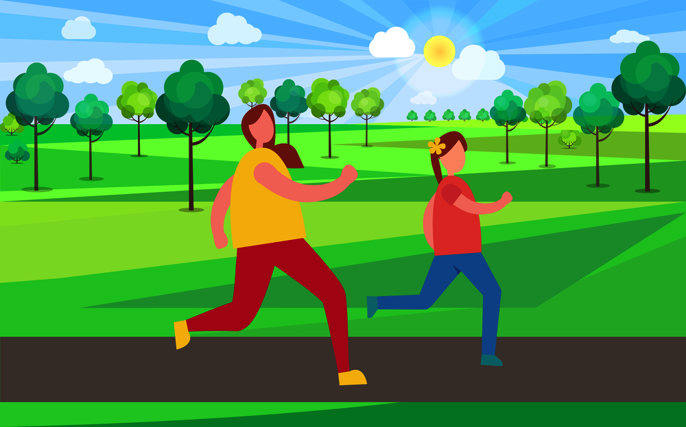 Mother and daughter jogging in park filled with lush trees vector illustration. Morning jogger enjoying run at gentle pace amidst beautiful nature. Mother and Daughter Jogging in Park Illustration