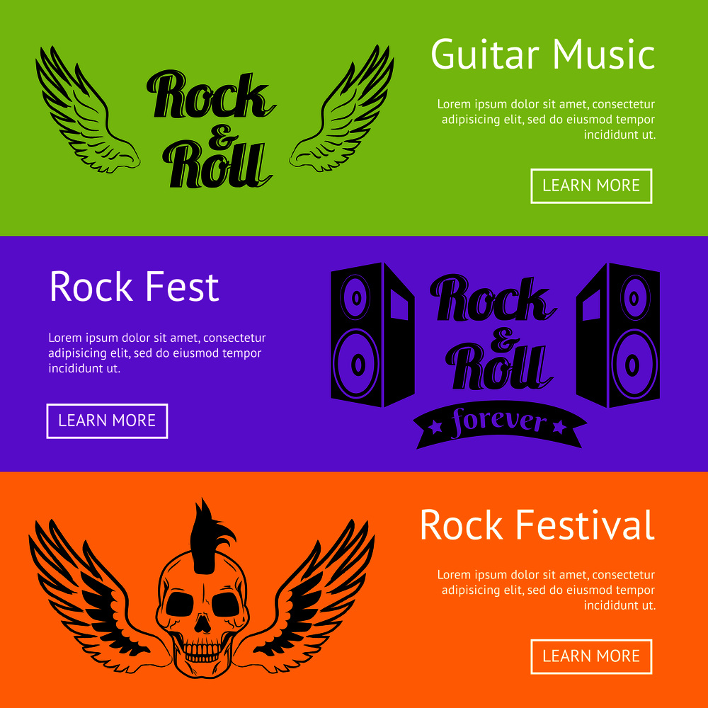Rock music collection of creative colorful posters. Vector illustration of two big loudspeaker, pair of wings and punk skull with mohawk hairstyle. Rock Music Collection of Creative Colorful Posters