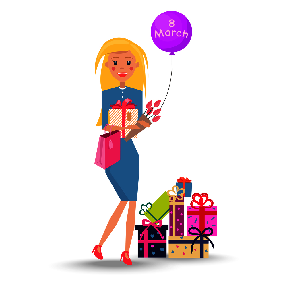Blonde woman with presents in multicolored packing paper, bouquet of red tulips and purple balloon on eight march vector illustration.. Blonde Woman with Presents, Flowers on 8 March