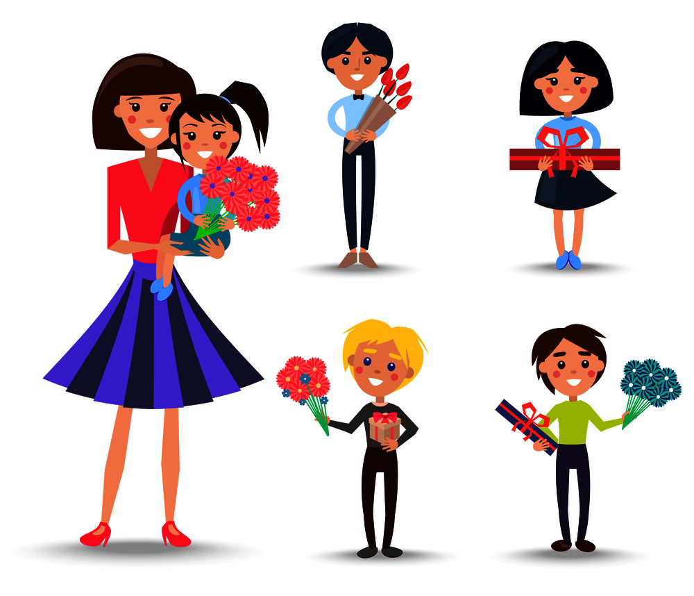 Woman in purple skirt holds little daughter with bouquet of gerberas on arms and children with flowers and presents vector illustrations set.. Woman with Daughter on Arms and Kids with Gifts