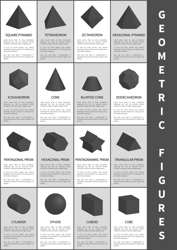 Geometric figures in black, vector illustration, blunted cone, dodecahedron and icosahedron, triangular and pentagrammic prism, sphere and octahedron. Geometric Figures in Black, Vector Illustration