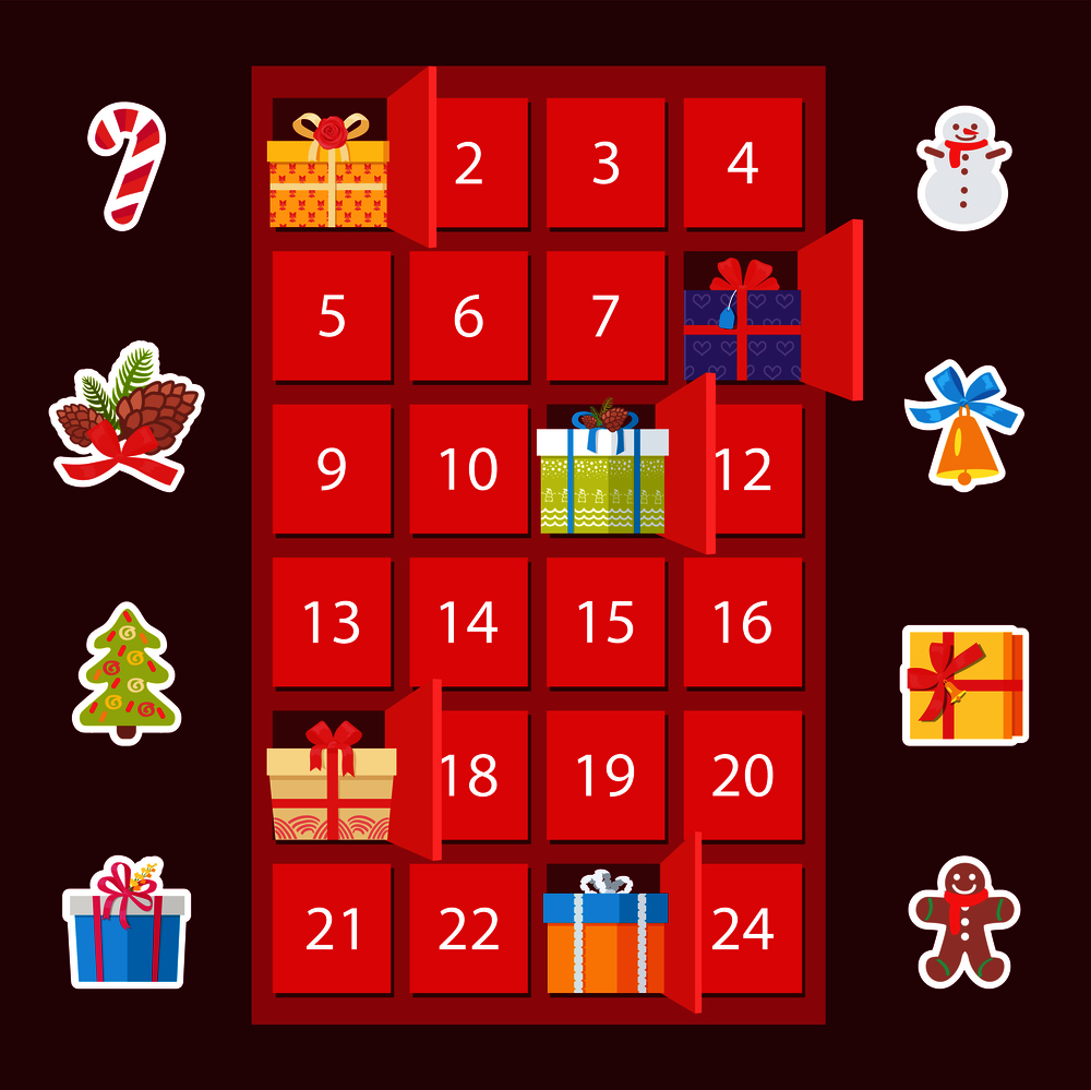 Strongbox with presents, set of icons, connected to Christmas, gingerbread man, and pine, snowman and candy, isolated on vector illustration. Strongbox with Presents Set Vector Illustration