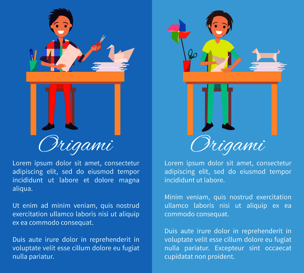 Origami artists color banner, vector illustration isolated on blue, men sitting by tables and creating origami works, cute dog and crane, text sample. Origami Artists Color Banner, Vector Illustration