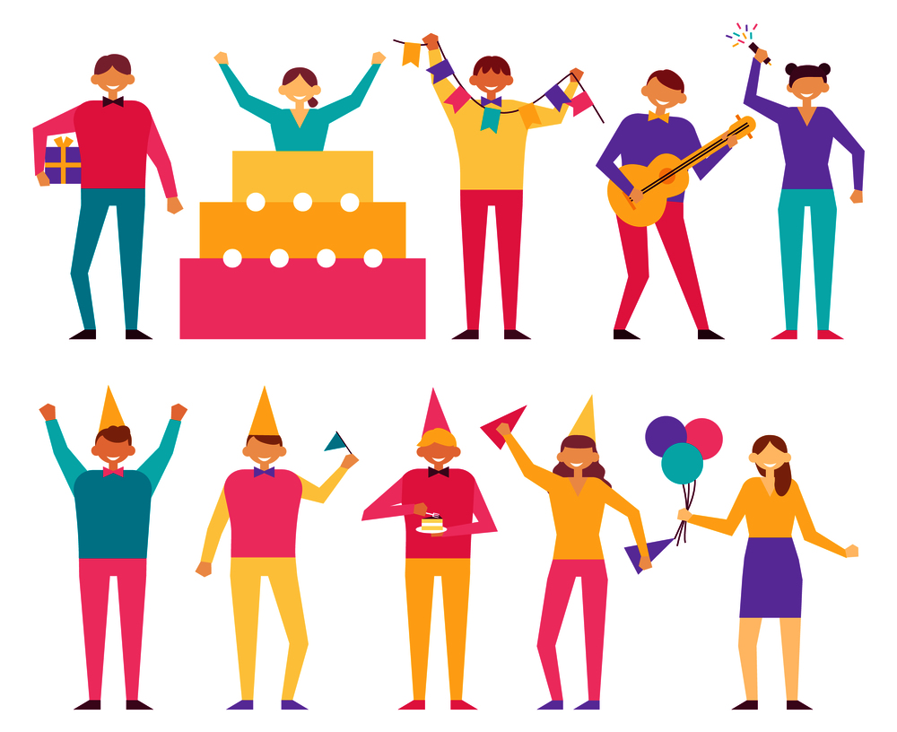 Birthday party participants in cartoon style, men and woman celebrating birthday together, girl in festive cap, with balloons and decorative flags vector. Birthday Party Participants Cartoon Style, People