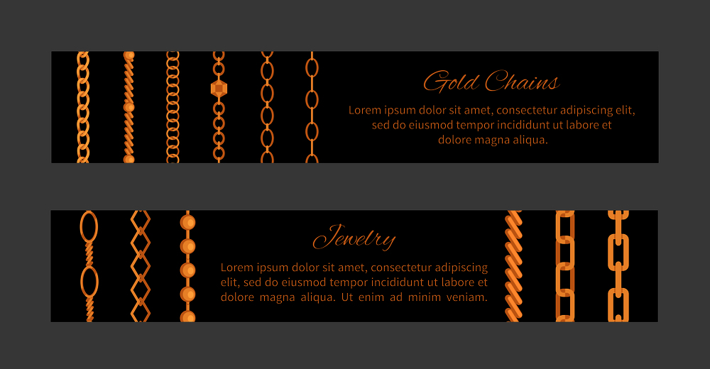 Jewelry gold chains templates vector illustration isolated on black backdrop with glitter metal stuff, various geometric shape, golden text sample. Jewelry Gold Chains Templates Vector Illustration