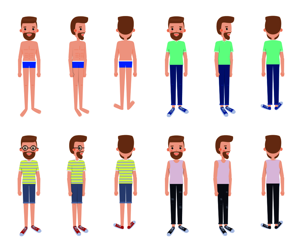 Young guy with several outfits from all sides set. Man from all view points in summer clothes. Young bearded modern guy vector illustrations set.. Young Guy with Several Outfits from All Sides