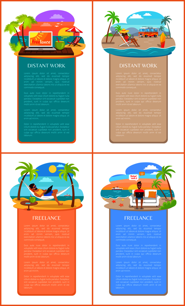 Distant work and freelance commercial banners. Freelancers work on laptops at beach in hot countries posters with sample texts vector illustrations.. Distant Work and Freelance Commercial Banners Set