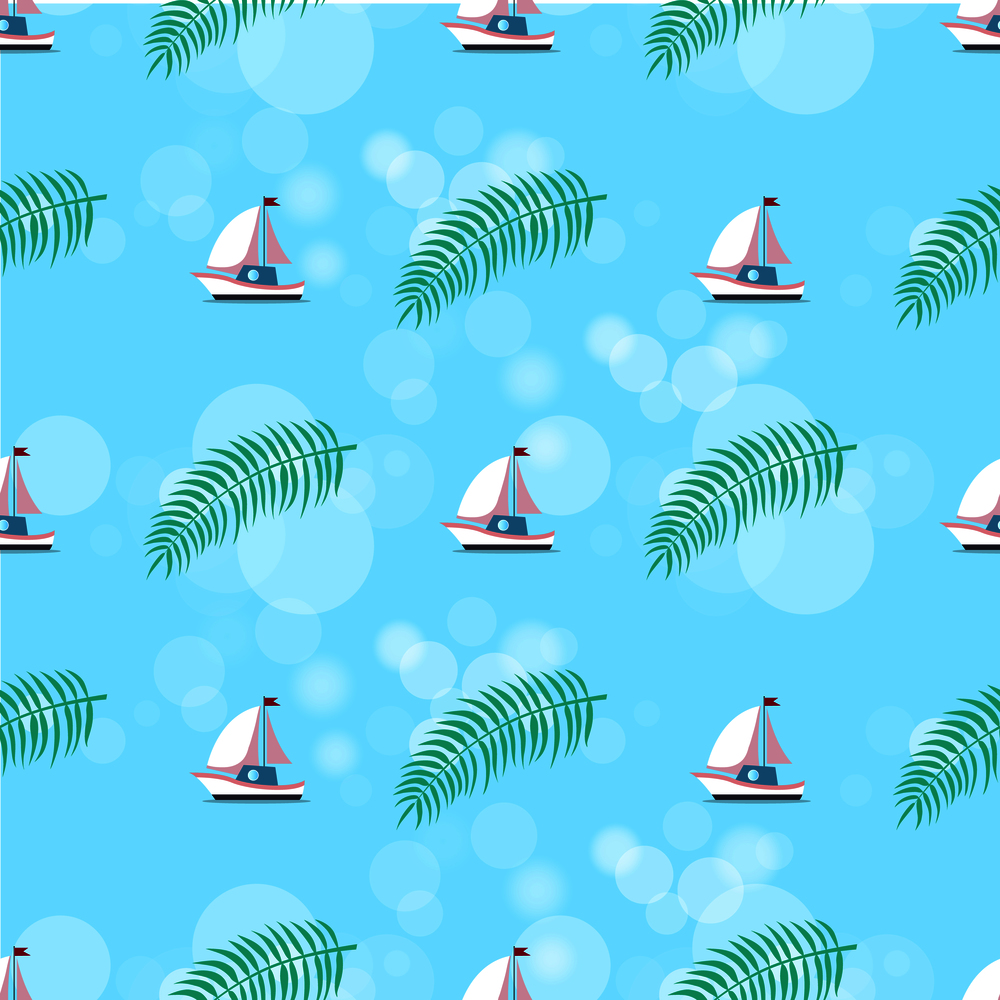 Ship and leaves pattern set, collection of icons, sailboat and palm leaves, bokeh as decoration vector illustration, isolated on white background. Ship and Leaves Pattern Set Vector Illustration