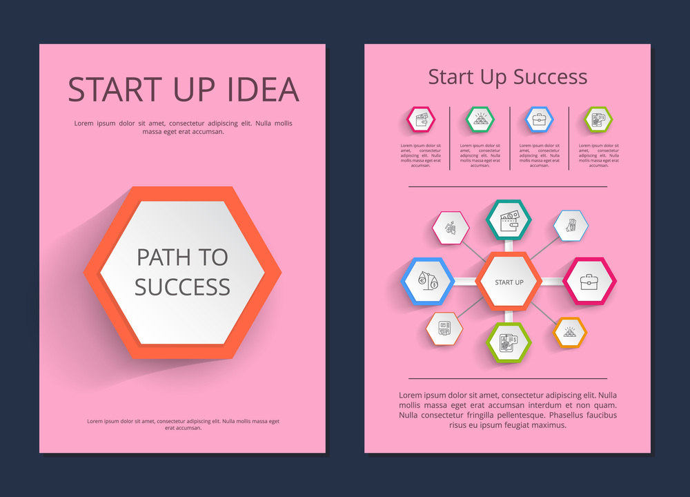 Start up idea path to success infographic posters with schemes and icons isolated cartoon vector illustrations with sample text on pink background.. Start Up Idea Path to Success Infographic Posters