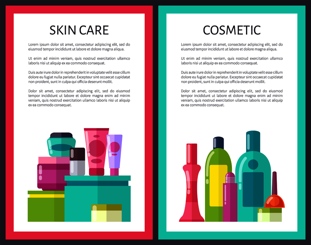 Set of skin care and cosmetic color framed posters with white background, different shape colorful bottles and lids with care products, text sample. Set of Skin Care and Cosmtic Color Framed Posters