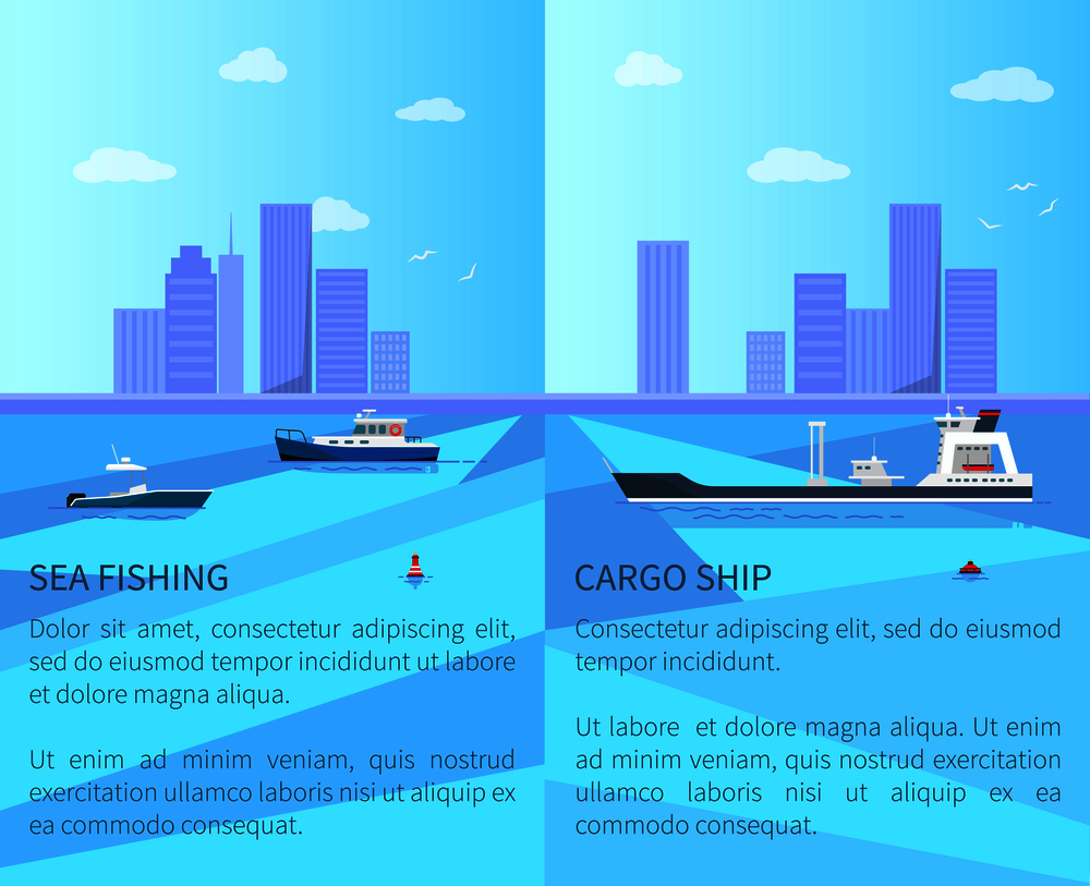 Sea fishing and cargo ship vector illustration with big long sea vessel and two small motor boats, red buoy, lot of clouds and skyscrapers, cute sea. Sea Fishing and Cargo Ship Vector Illustration