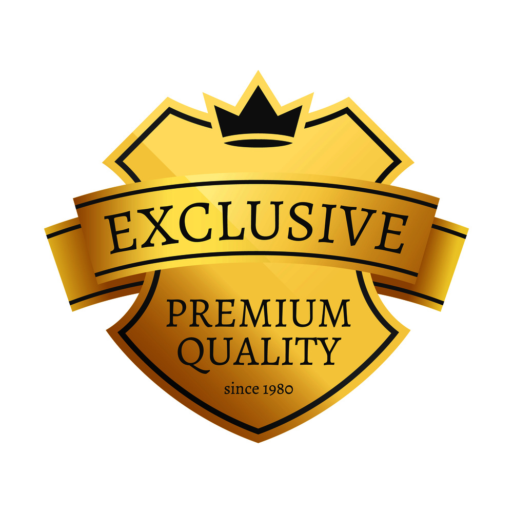 Exclusive premium quality since 1980 golden label vector illustration crowned emblem isolated on white background, excellent choice super brand. Exclusive Premium Quality Since 1980 Golden Label