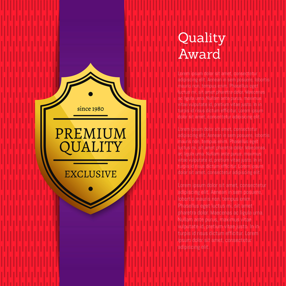 Premium quality since 1980 exclusive award golden label best choice promo sticker isolated on pink, vector illustration award certificate template on purple. Premium Quality Since 1980 Exclusive Golden Label