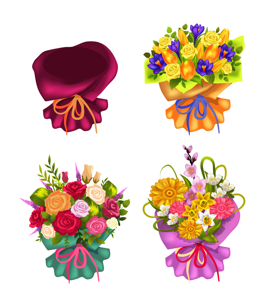 Four beautiful packing and cute flowers, color card, vector illustration isolated on white background, varied ribbons, pretty roses tulips and irises. Four Beautiful Packing and Cute Flowers Color Card