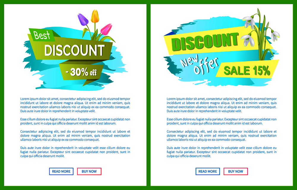 Best discount 30 off advertisement sticker bouquet with tulips and snowdrop on web page with push buttons read and buy vector spring collection sale. Best Discount 30 Off Sdvertisement Sticker Sale