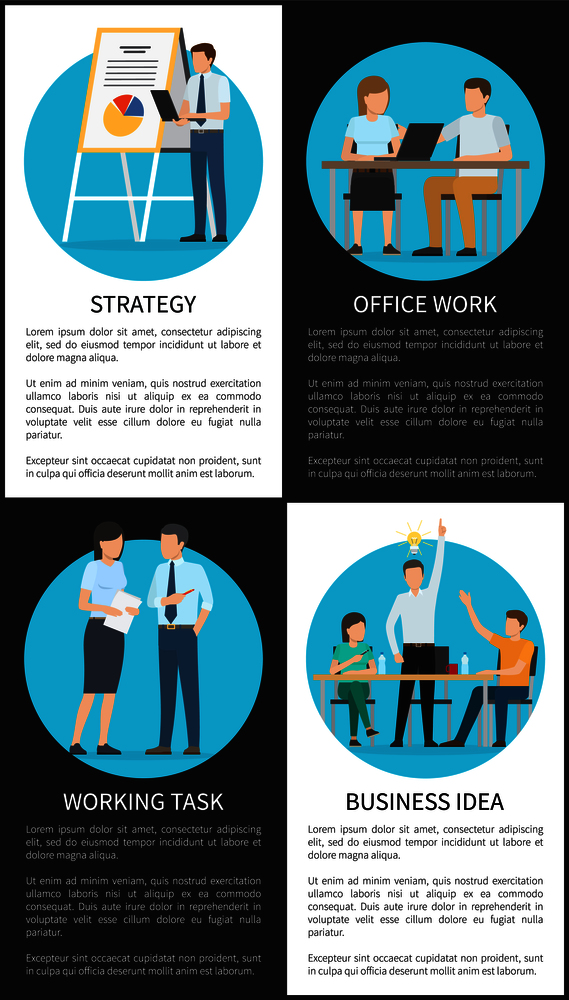 Office work, good strategy, working task and business idea vertical promo poster. Businesspeople work on projects isolated vector illustrations set.. Office Work and Business Idea Vertical Posters