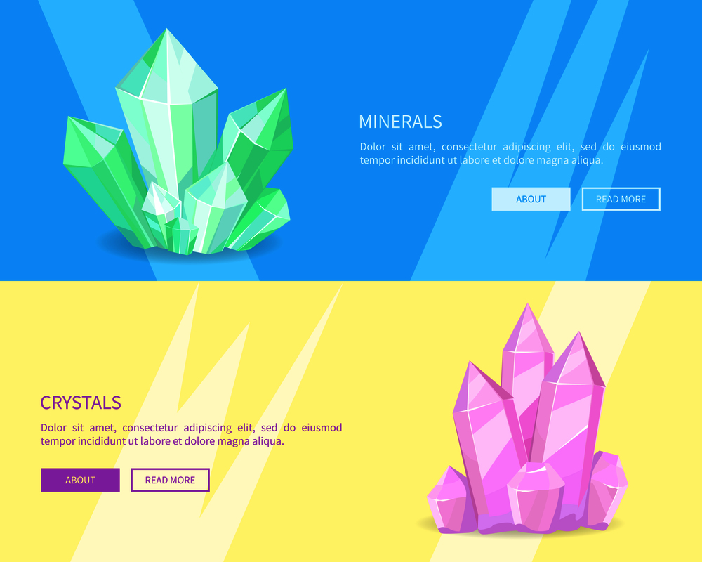 Minerals crystals web posters online push buttons, green pink precious realistic minerals and transparent crystals vector illustration natural resources. Minerals Crystals Web Posters Online Push Buttons