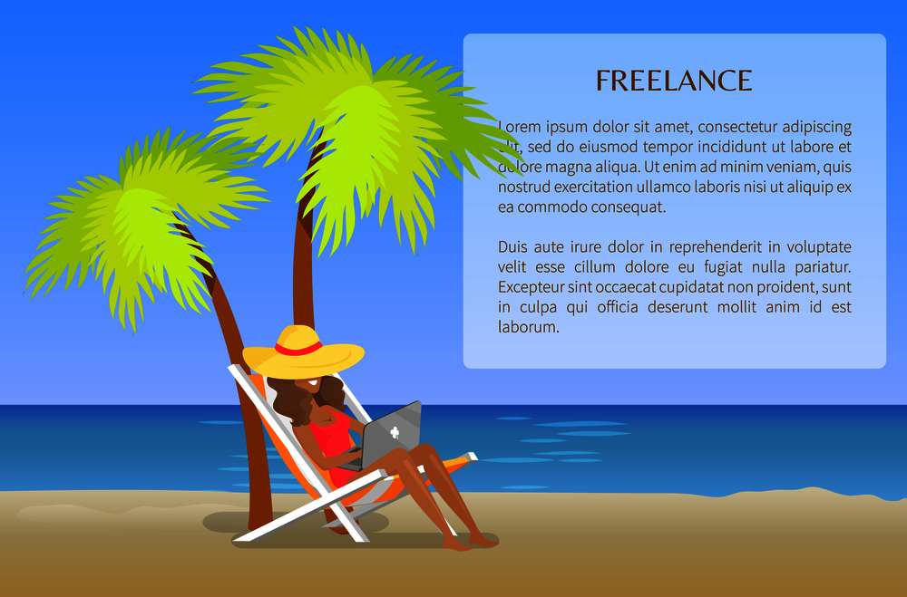 Freelance poster with cheerful working woman, distant freelance job, vector illustration, amazing summer beach, working on laptop girl, mode round hat. Freelance Poster with Cheerful Woman Distant Work