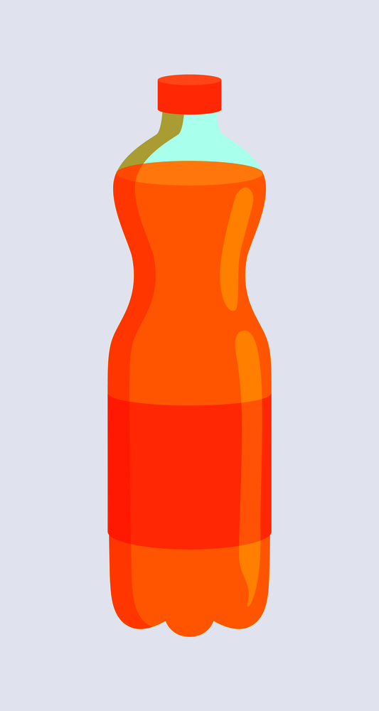 Bottle with fizzy beverage, plastic container with sweet liquid, cap and label of orange color, supermarket product isolated on vector illustration. Bottle with Fzzy Beverage Vector Illustration