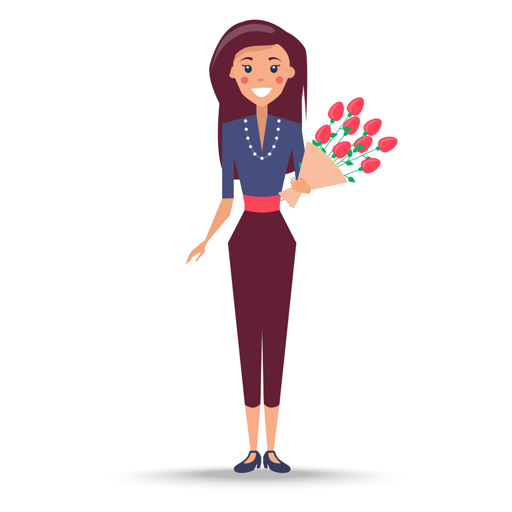 Young woman with long hair in navy blouse, purle beads, cropped trousers and stilettoes stands and holds bouquet of roses vector illustration.. Young Woman with Bouquet of Roses Illustration