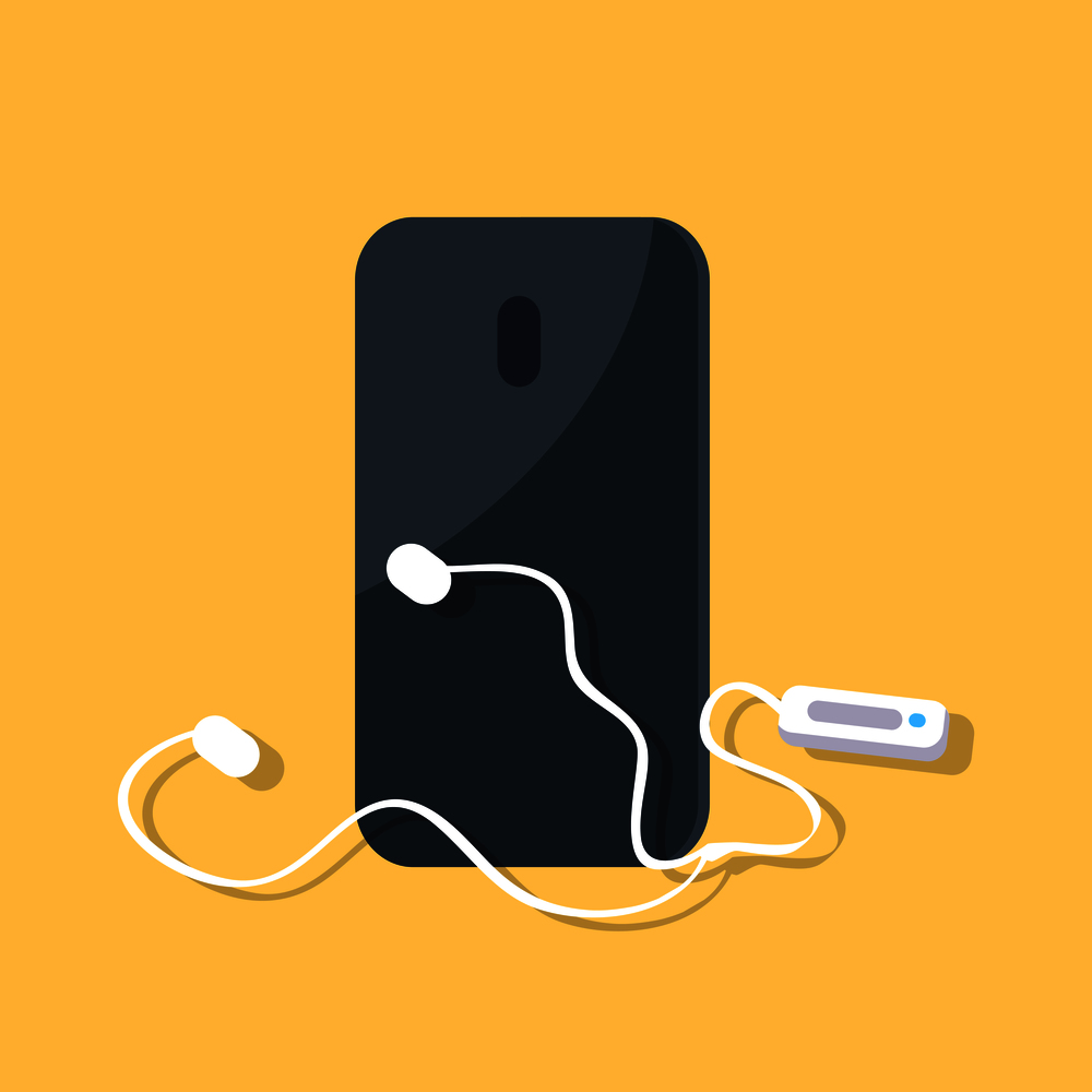 Smartphone in black color with white earphones isolated on yellow background. Vector colorful illustration of closeup modern gadget. Black Smartphone with Earphones Isolated on Yellow
