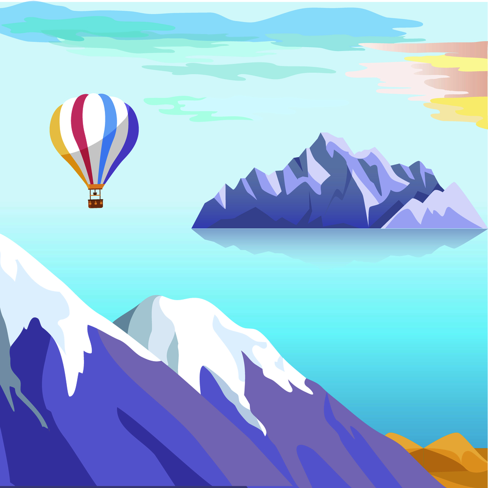Beautiful vector landscape with iceberg floating in sea, flying balloon under water and snow-covered mountain peaks on coast. Travel and exploding northern lands concept. Antarctic nature illustration. Beautiful Vector Landscape With Iceberg in Sea