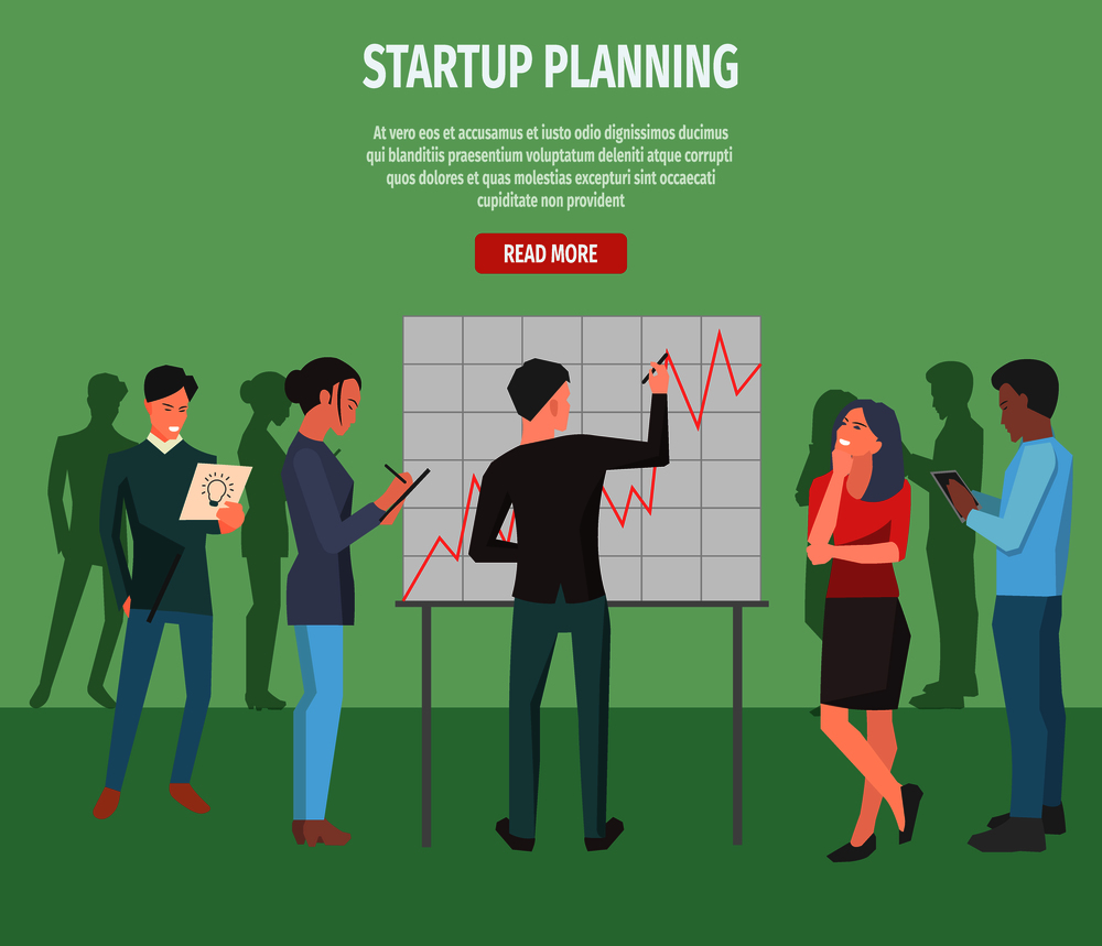 Startup planning information page vector illustration. Team develop project, make notes and draw statistic chart in office. First step on way to great success. Cartoon workers cooperate in business.. Startup Planning Internet Info Page Illustration