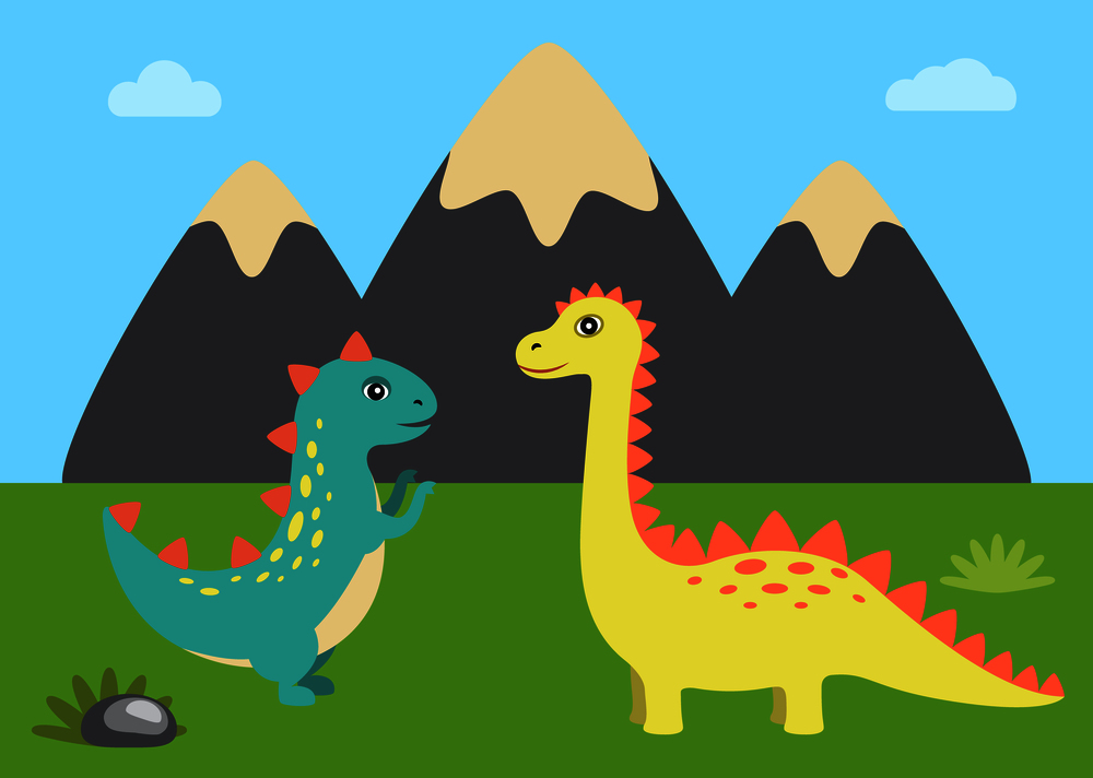Wild nature and dinosaurs set, mountain and sky with clouds, grass and dinosaurs with spikes on back vector illustration isolated on green background. Wild Nature and Dinosaurs Vector Illustration