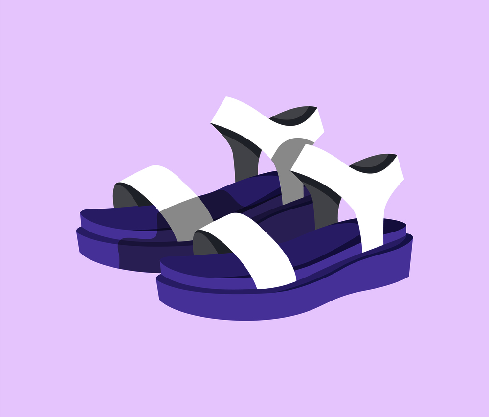 Two pretty summer shoes, color vector illustration isolated on bright background, cute pair of sandals with big lilac platform and white elements. Two Pretty Summer Shoes, Color Vector Illustration