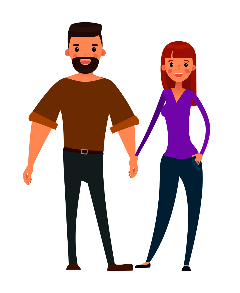 Married couple, bearded man and pretty woman pair of lovers stylish cartoon characters hold hands. Happy couple man and woman vector isolated on white.. Married Couple Bearded Men and Pretty Woman Lovers